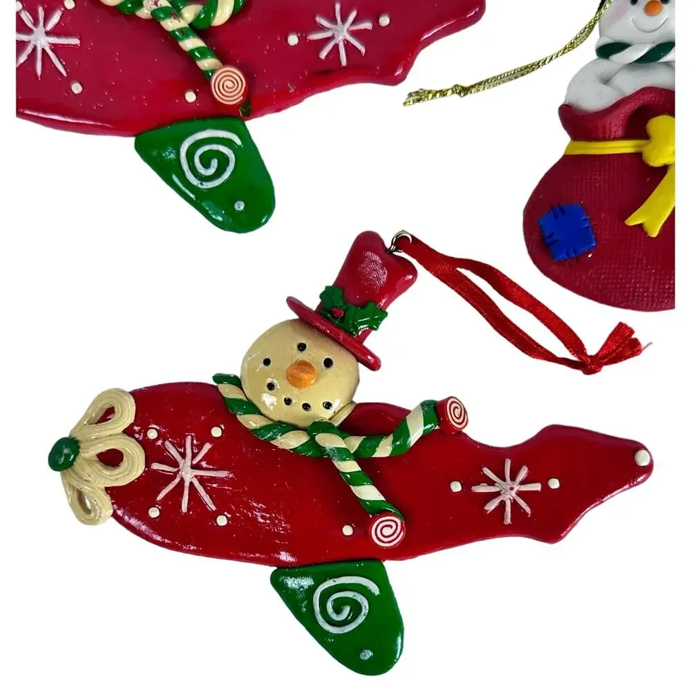 Snowman Ornaments Lot of 3 Red 2 Flying Airplanes & 1 in Santa Sack Retro VG